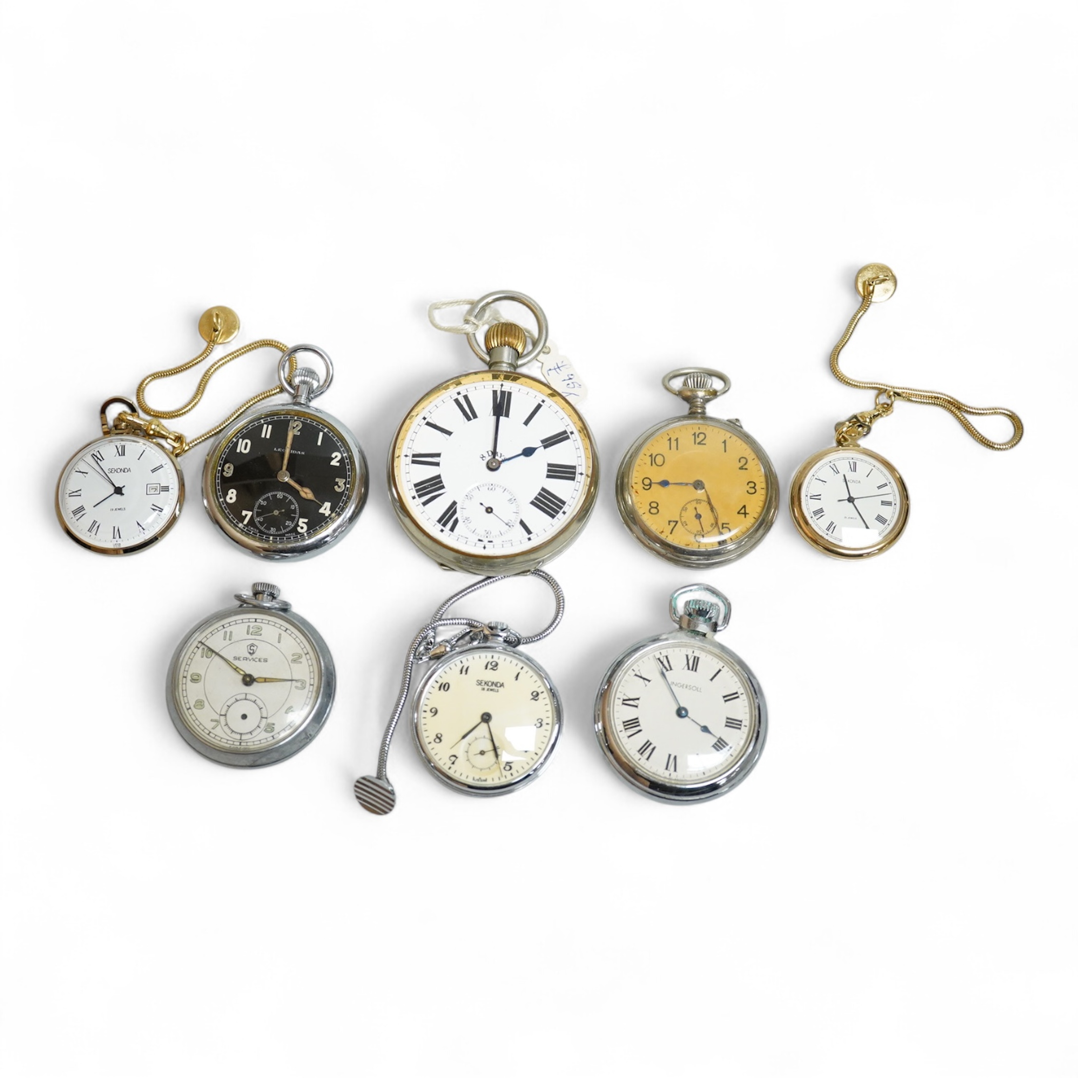 Eight assorted base metal pocket watches including 8 days, case diameter 65mm, a chrome cased Leonidas military, Ingersoll, Sekonda etc.